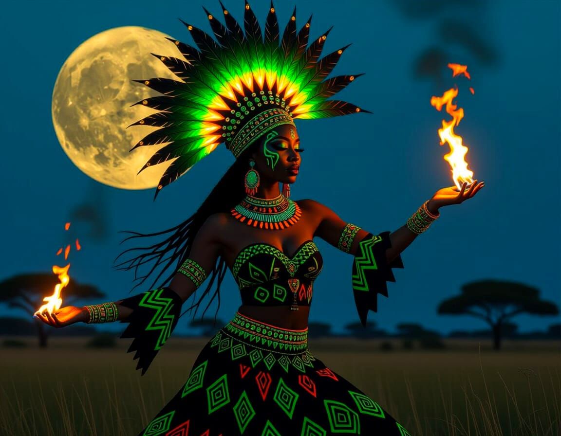 African Witch Dances Under Moon in Psychedelic Style