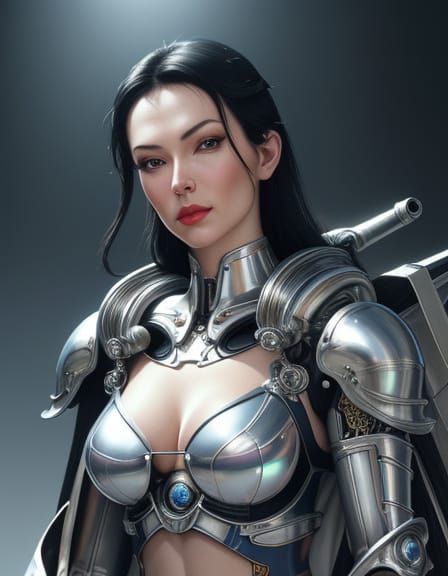Snow White Gynoid with Knights in Retrofuturistic Style