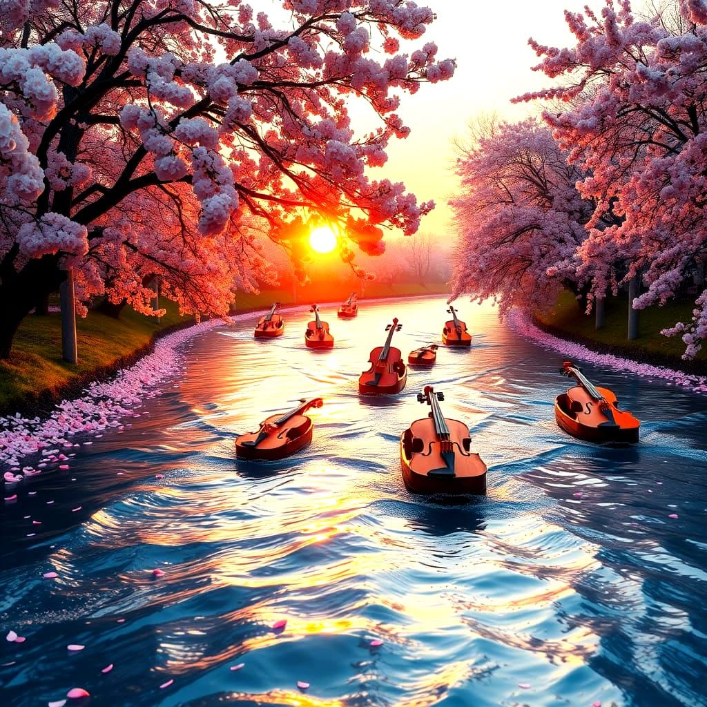 Surreal Boats Emerge from Antique Violins, Sail on a Winding...