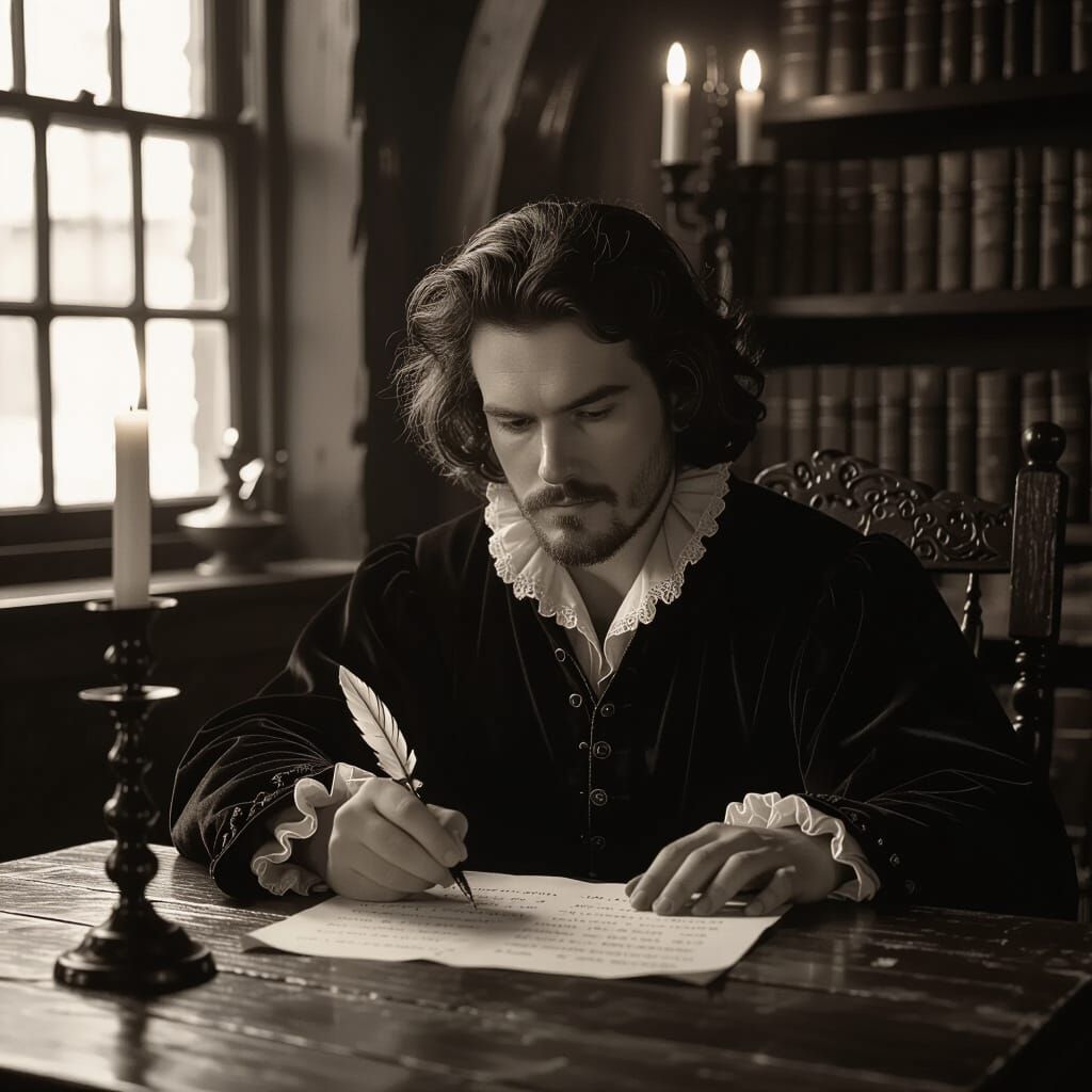 Christopher Marlowe Composing a Sonnet in Sepia Tones