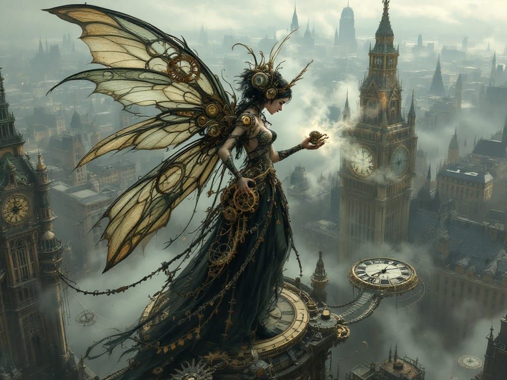 Steampunk Fairy Amidst Clock Tower Majesty