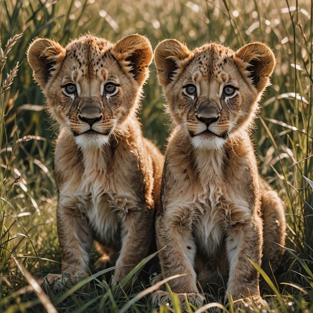 Lion Cubs in Tall Grass: Hyper-Realistic Wildlife Photograph...