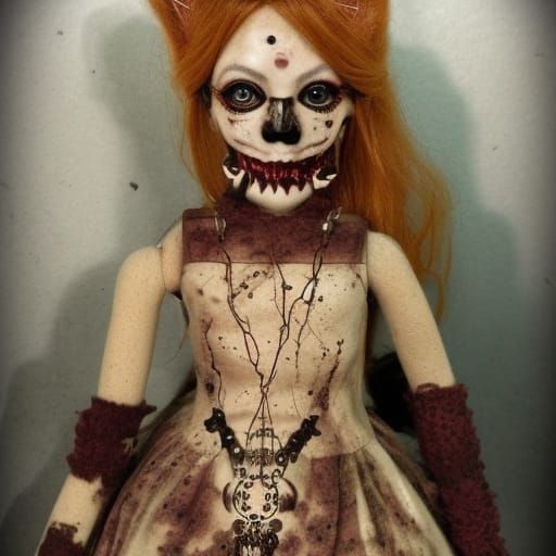 Creepy Voodoo Cat Doll in Dark Academia Style