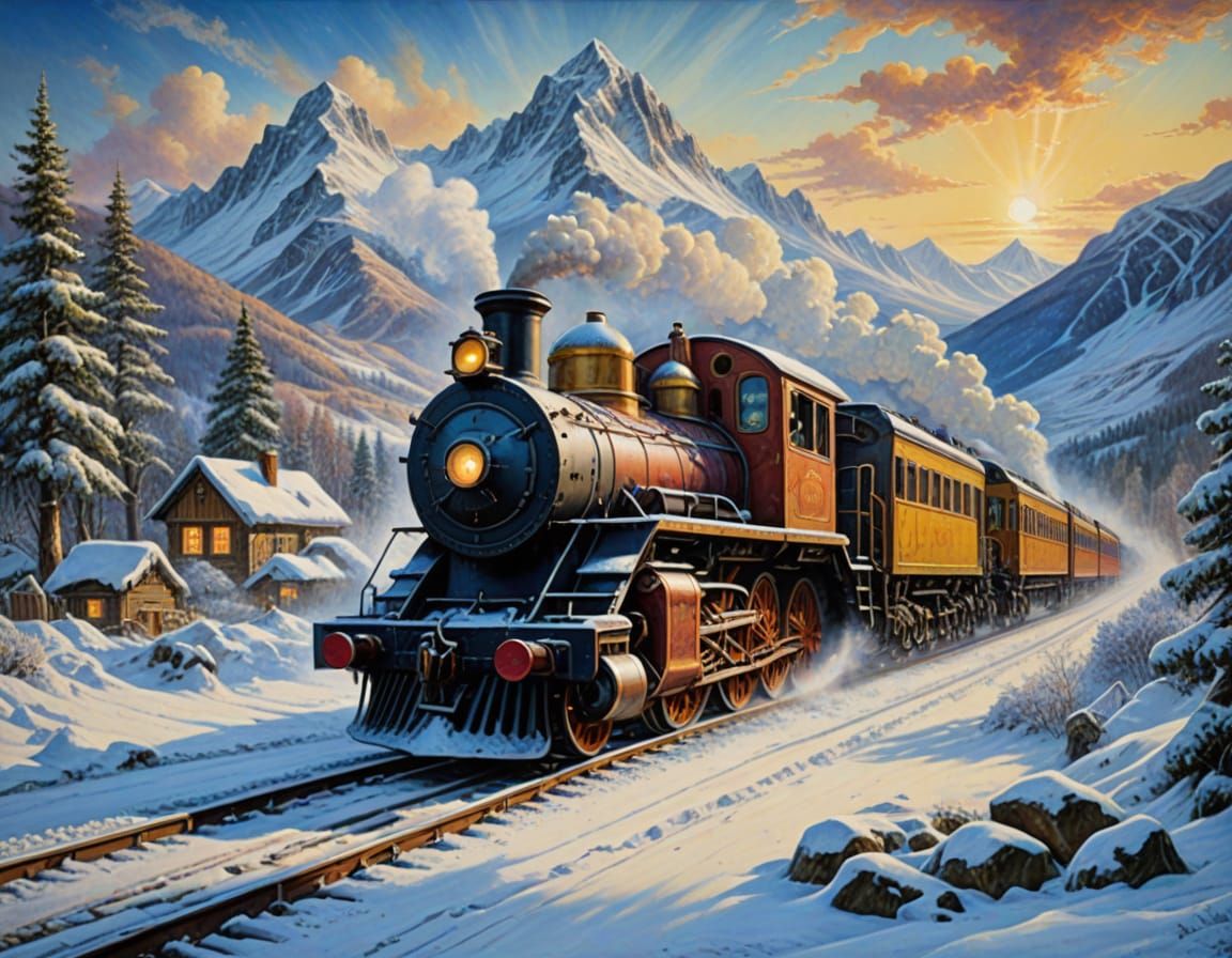 Photorealistic Train with Snow Plough Navigates Snow Drift