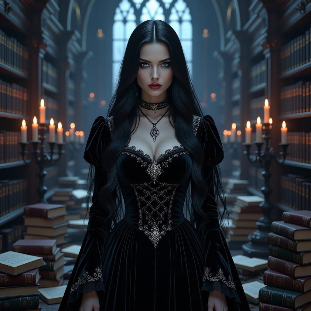 Melancholic Woman in Grand Library, Gothic Horror Style