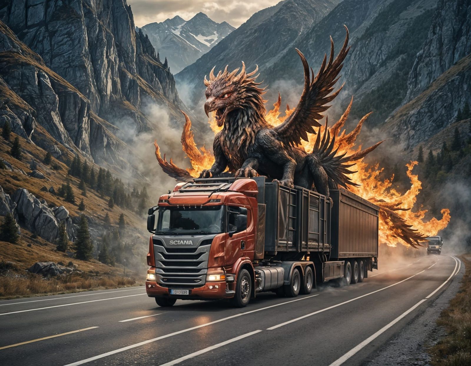 Scania Truck with Fiery Griffin in Scandinavia