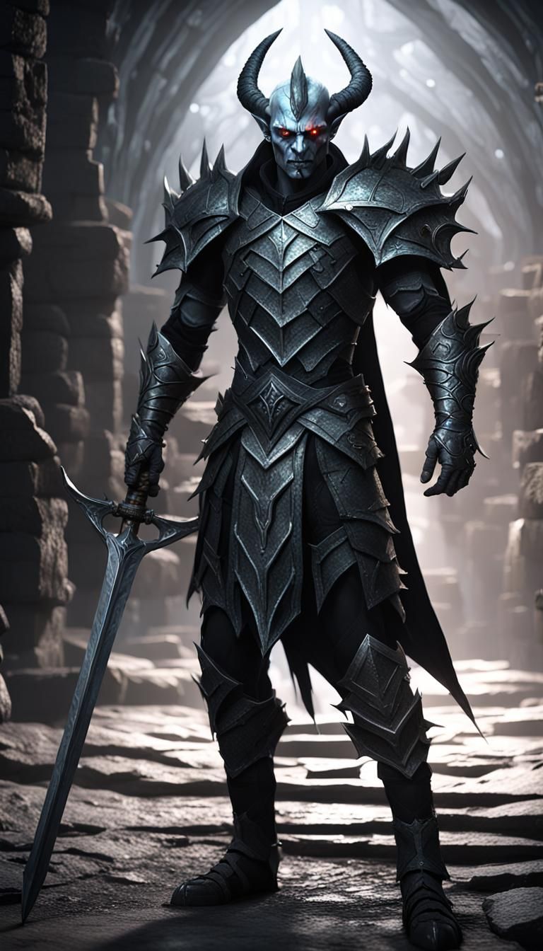 Dark Elf Warrior with Demonic Sword in Dungeon