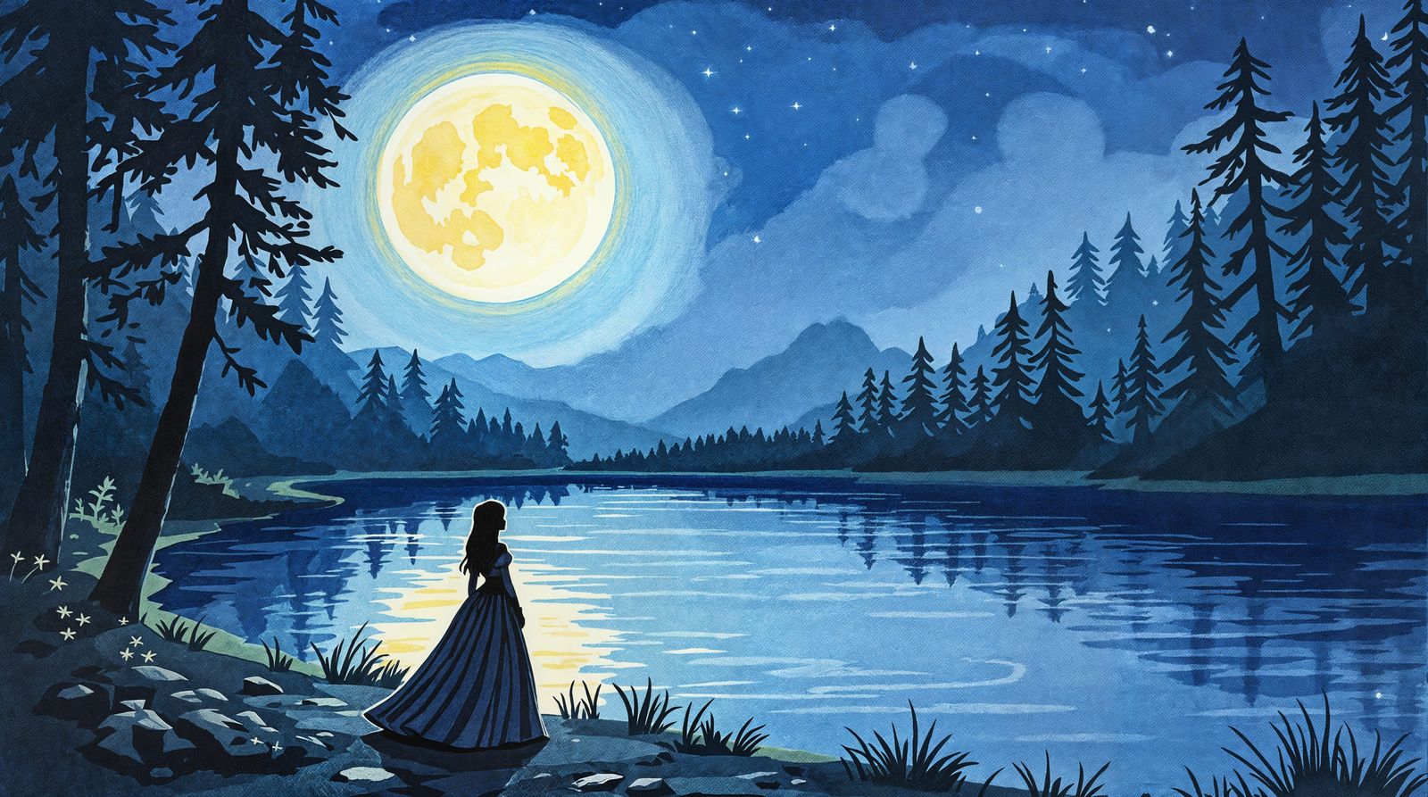 Whimsical Moonlit Princess Portrait in Hand-Drawn Color Penc...