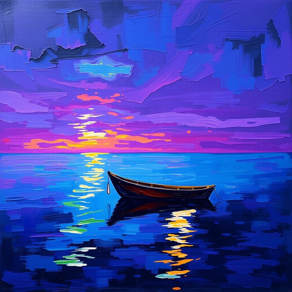 Serene Boat on Violet Water in Neo-Impressionism Style