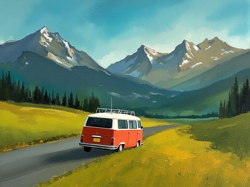 Vintage Camper Van on Alpine Road in Golden Hour