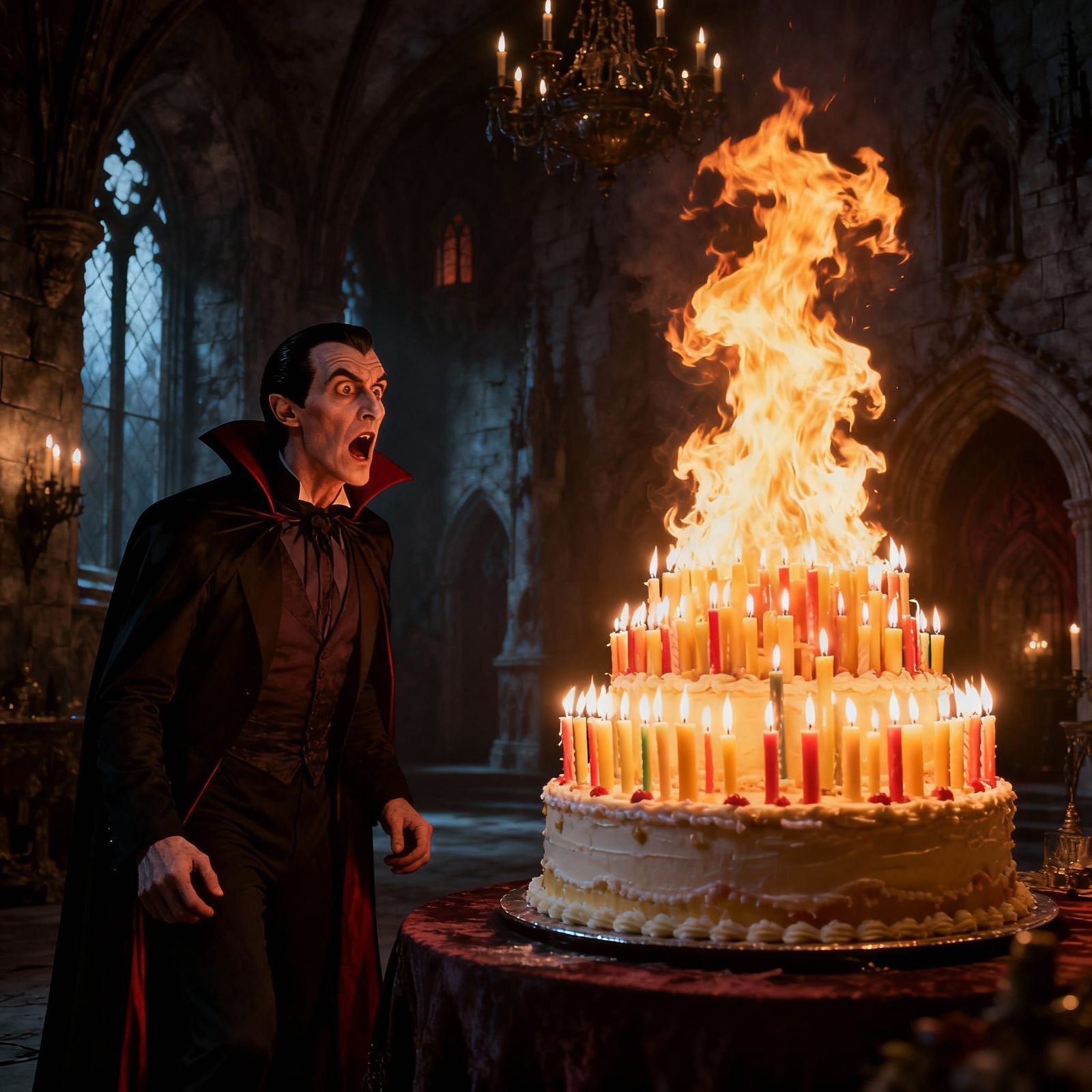 Dracula Shocked by Fiery Birthday Cake Bonfire