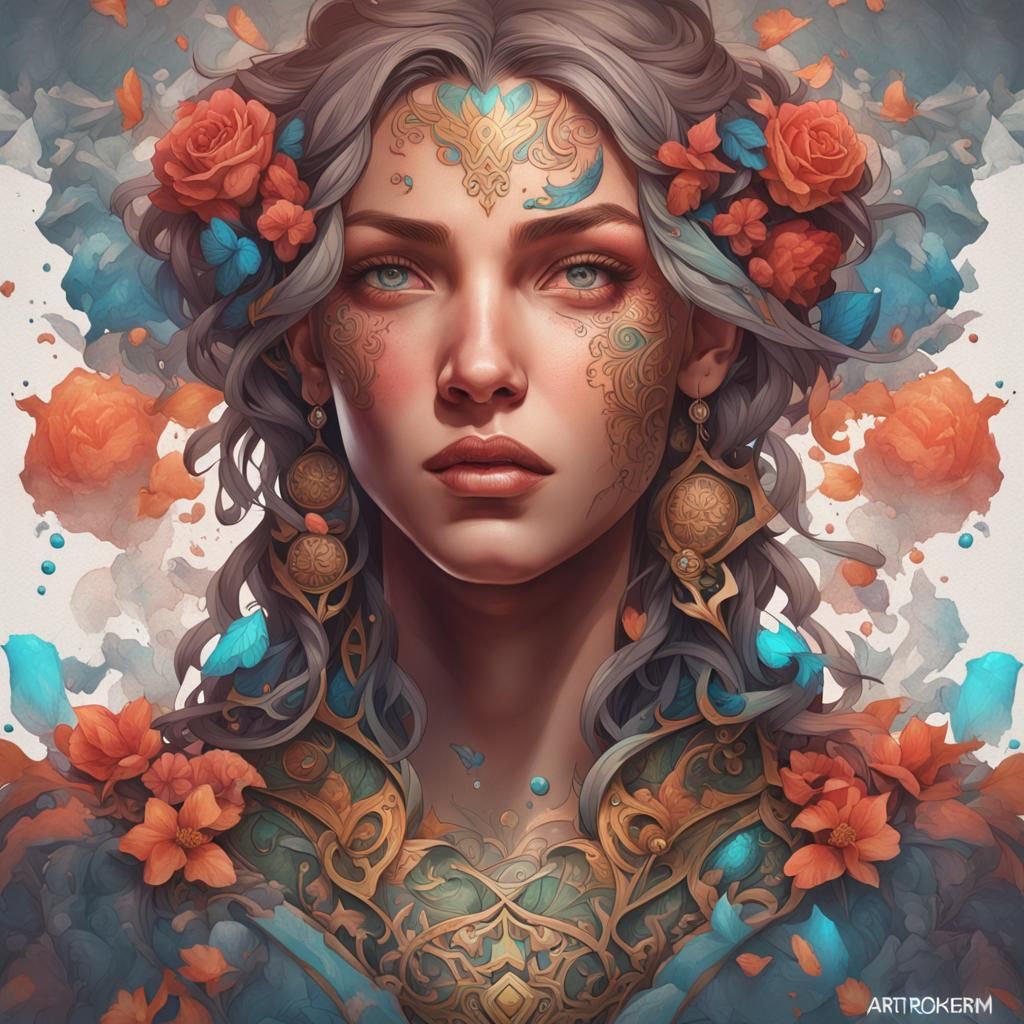 Semi Colon Tattoo Portrait in Art Nouveau Style