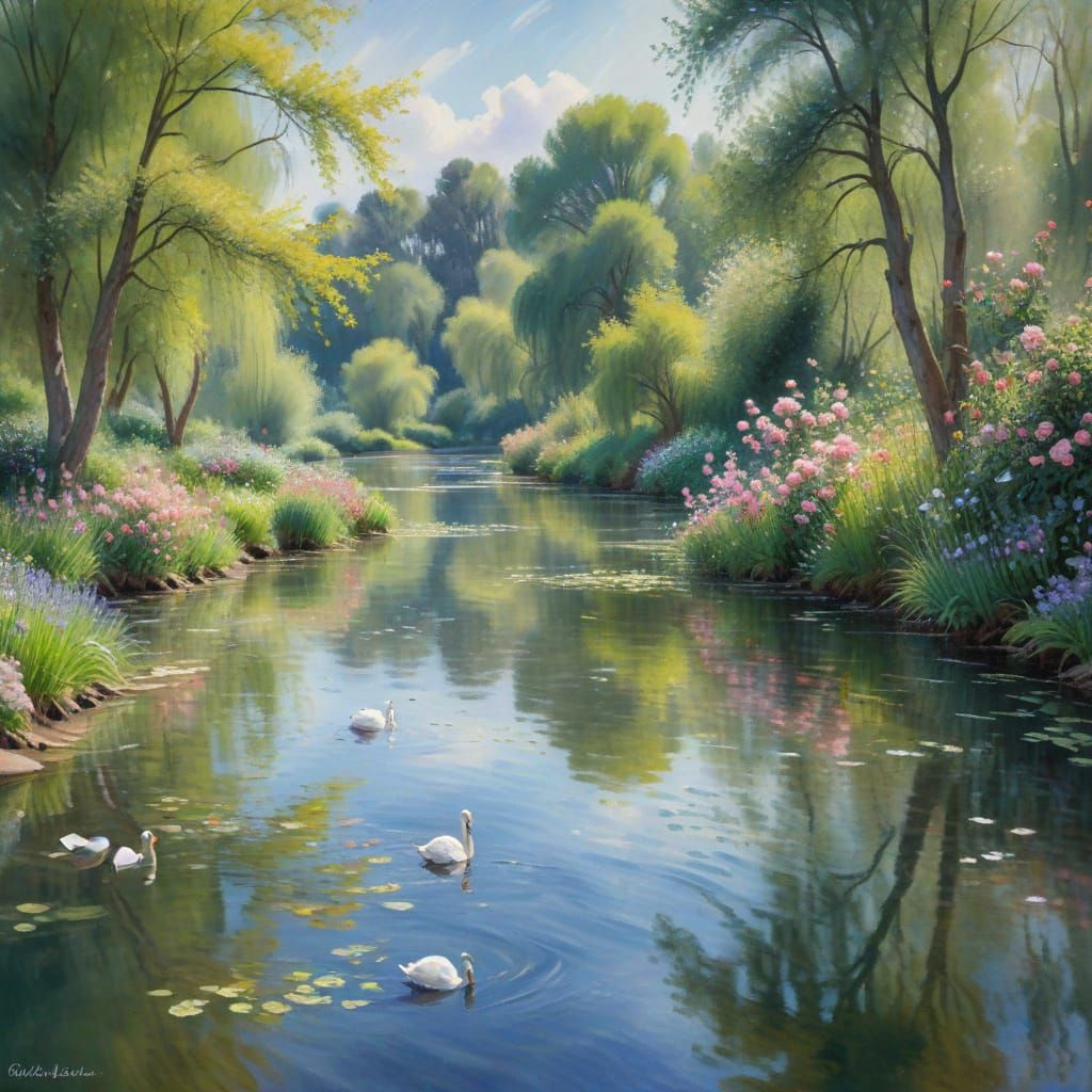 Serene Spring Village with Flamingos and Swans