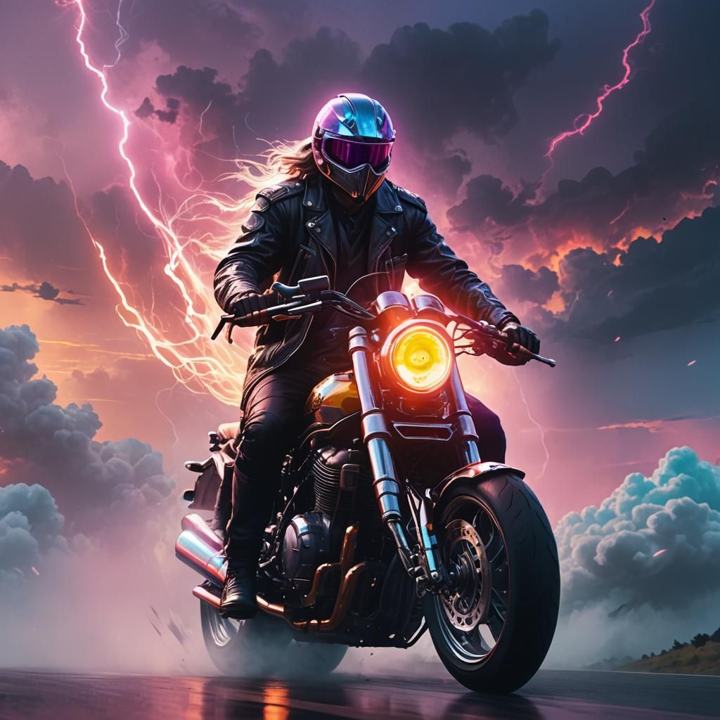 Wizard on Neon Motorcycle in Cyberpunk Style