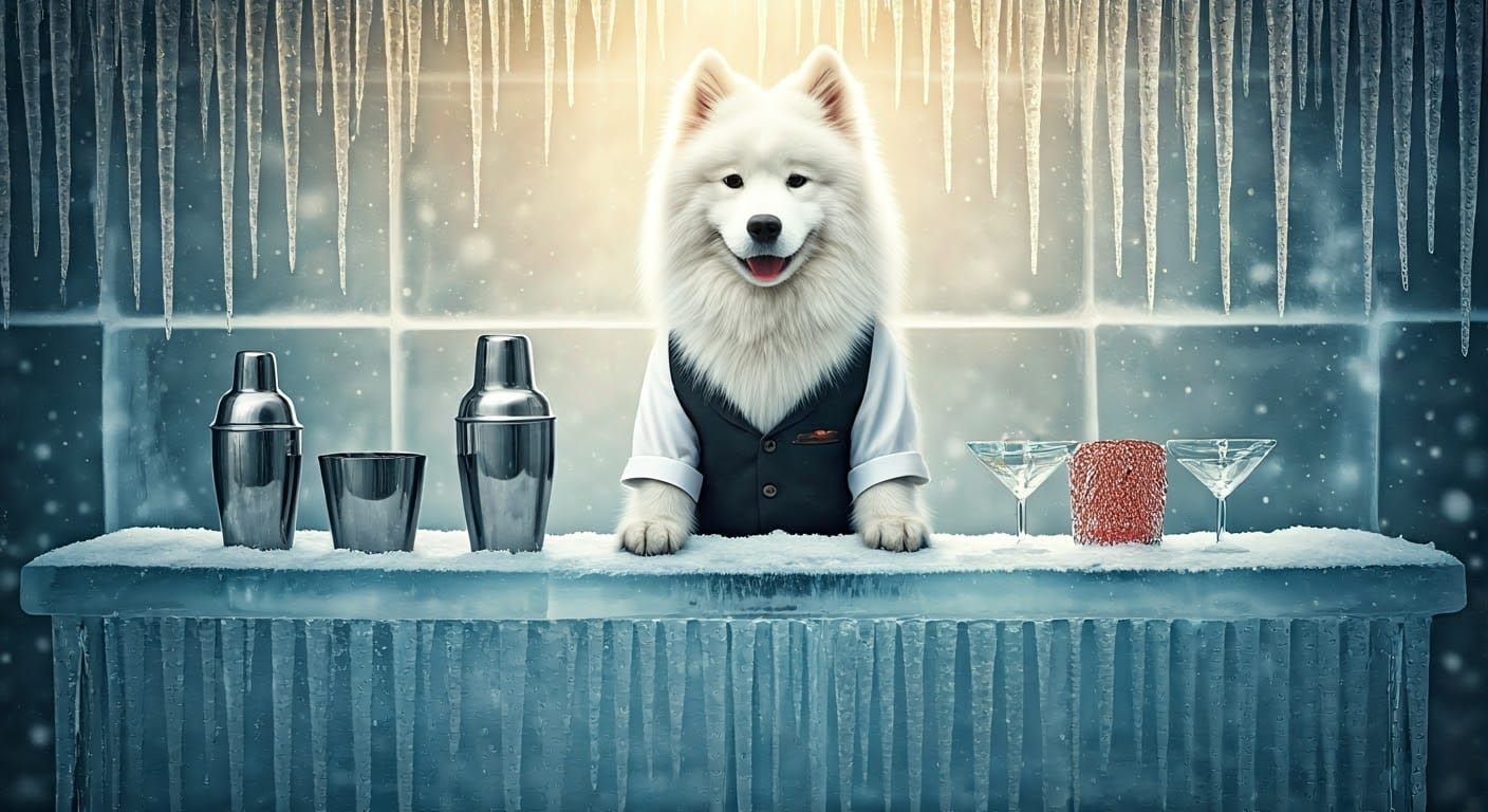 Elegantly Dressed Samoyed Bartender in Winter Wonderland Sce...