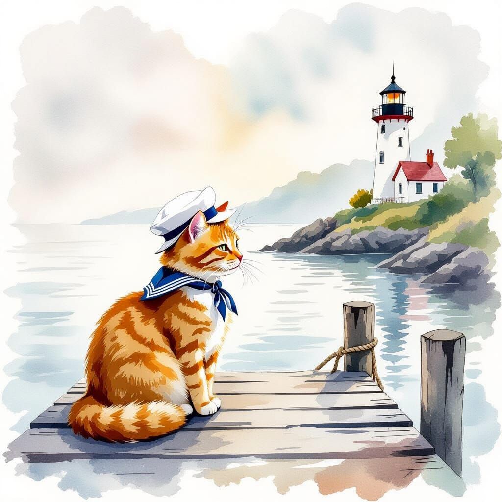 Ginger Cat in Sailor Hat on Pier, Watercolor Style