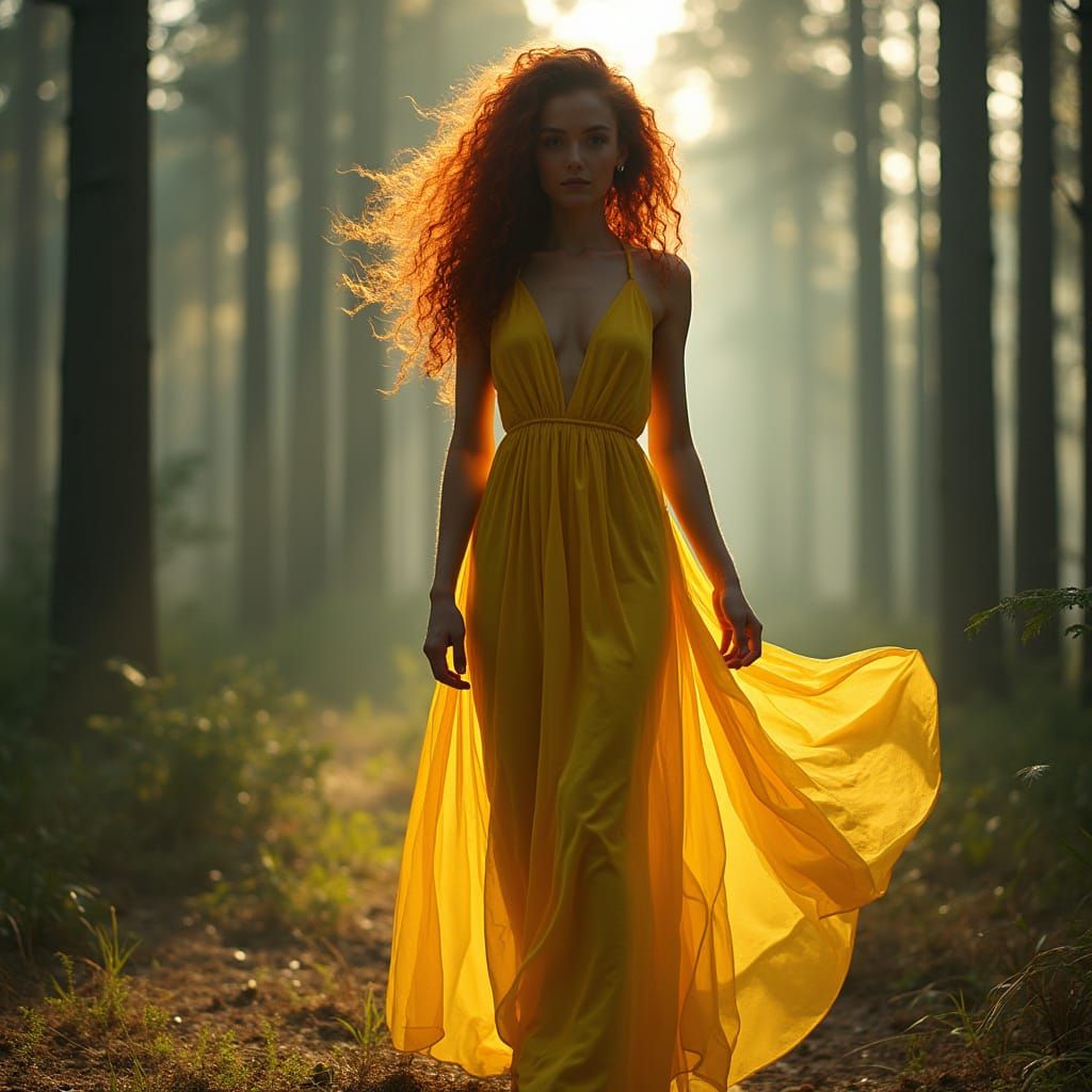 Dystopian Sporty Woman in Misty Pine Forest