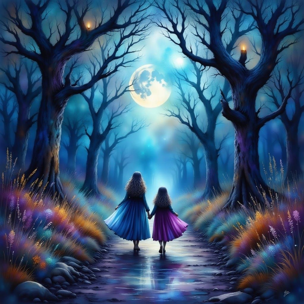 Mother and Daughter's Moonlit Forest Walk