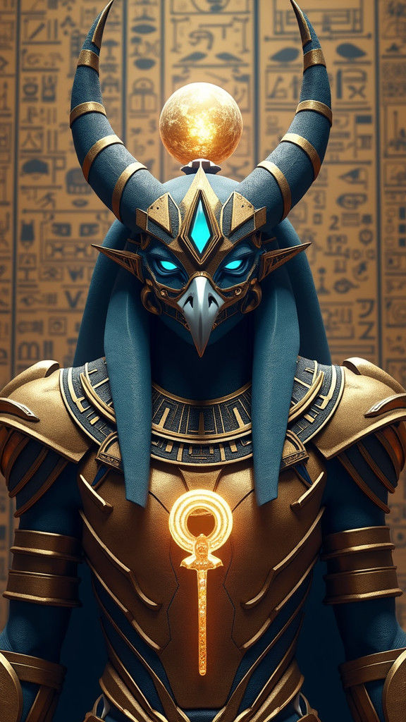Armored Horus with Ethereal Glow, Mystical Concept Art
