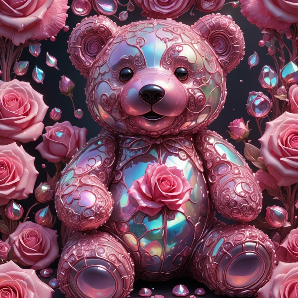 Iridescent Teddy Bear with Roses in Candy Art Style