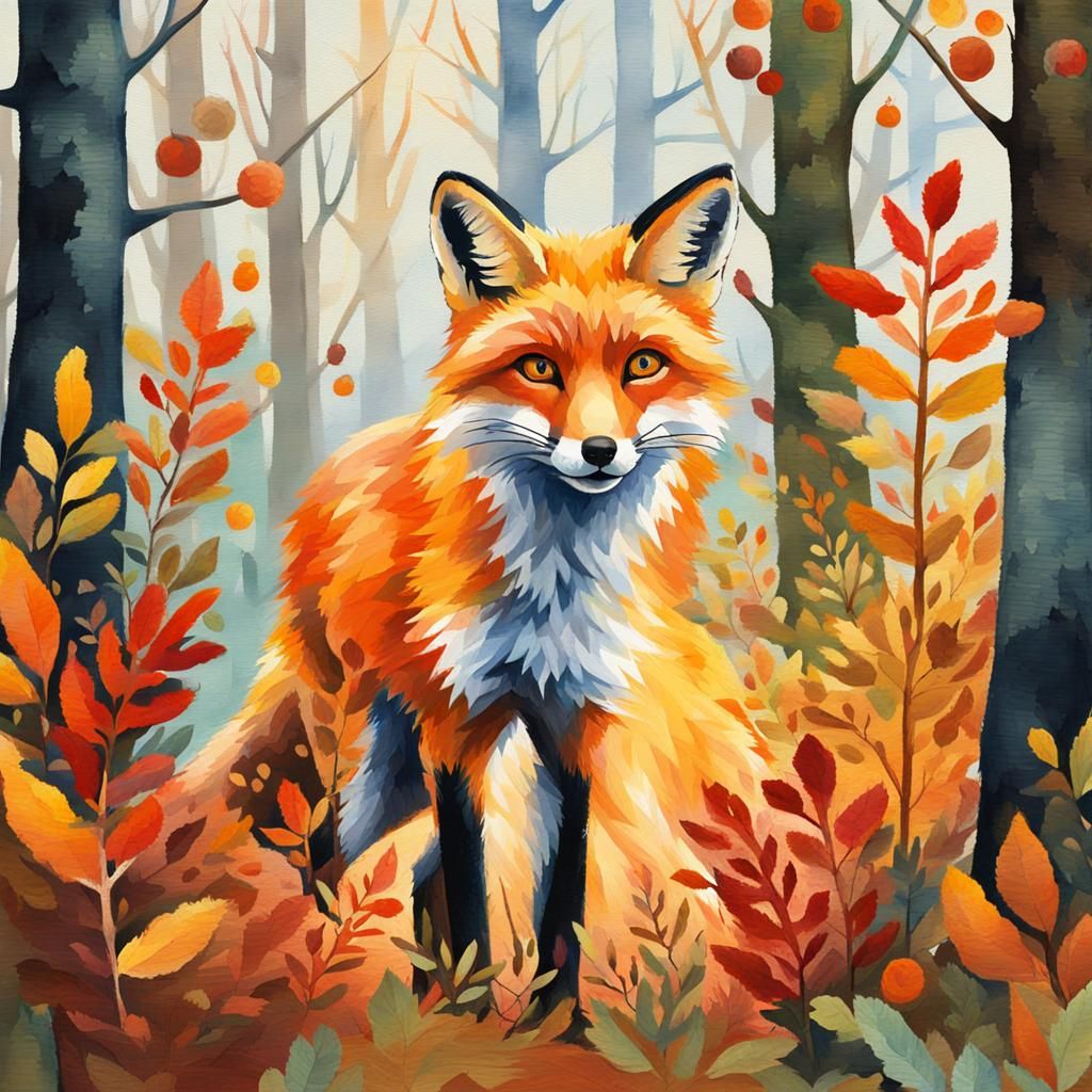 Fox in Autumn Forest, Gouache Watercolor Painting