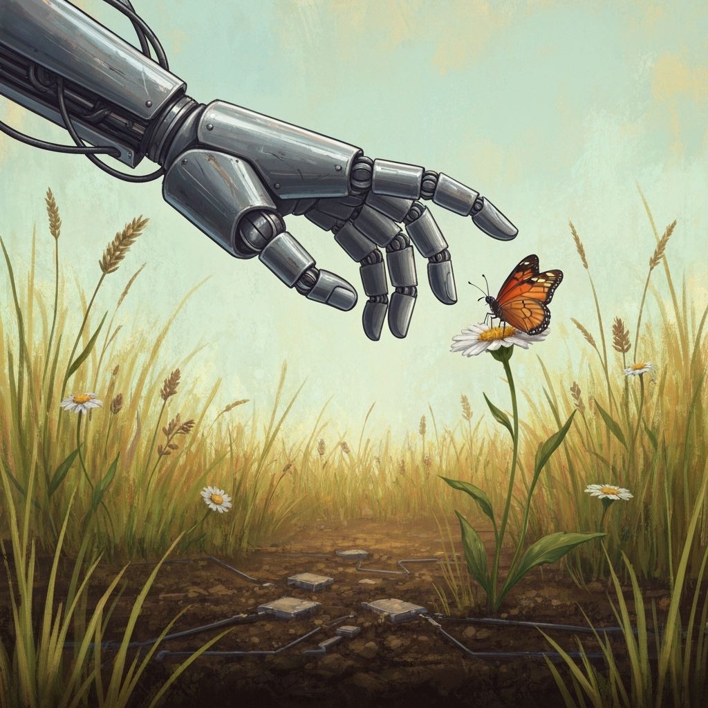 Robotic Hand Reaching for Butterfly, Stålenhag Style