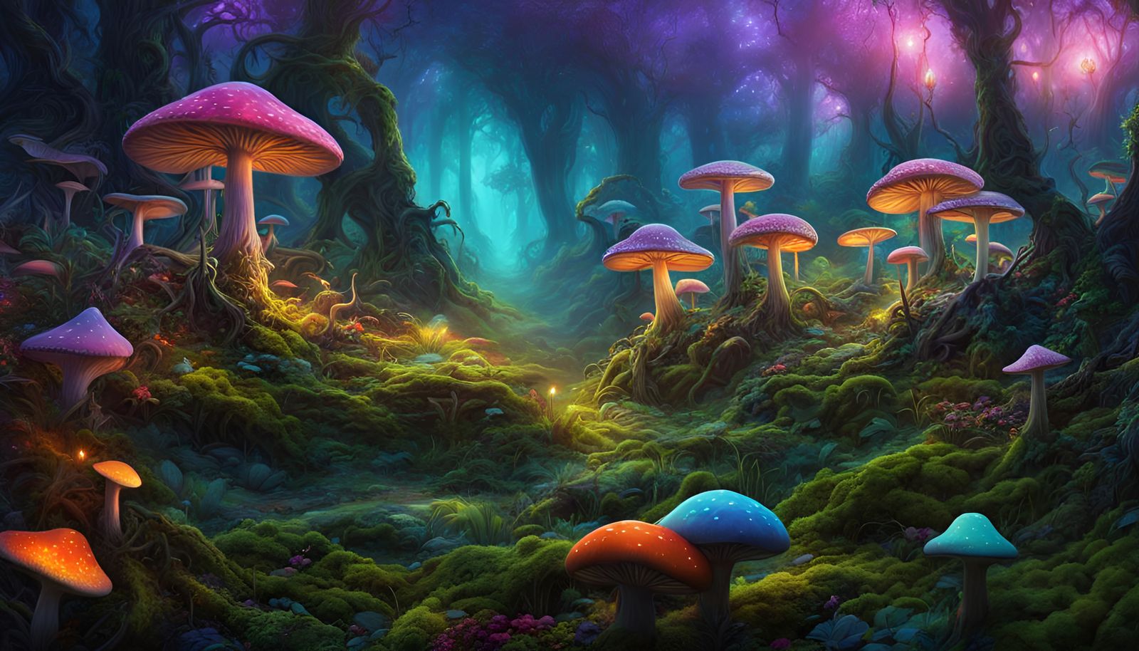 Psychedelic Fairy Forest with Elven City at Dawn