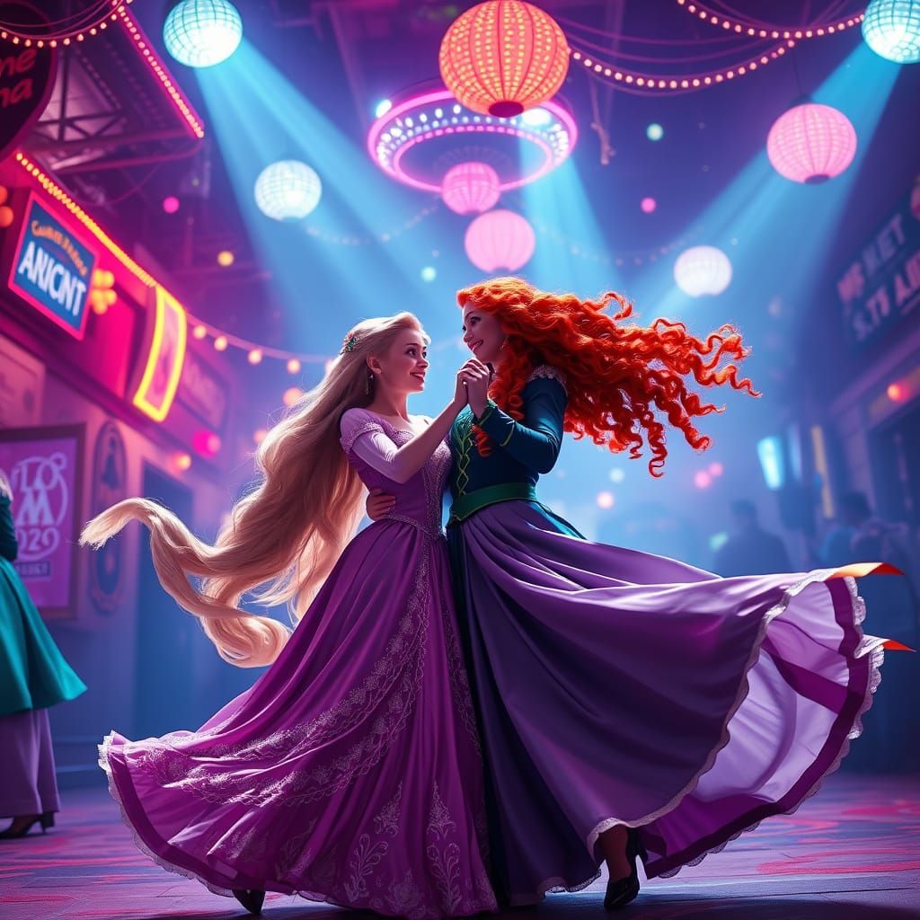 Rapunzel and Merida Dancing in Neon Lights, Cartoon Style