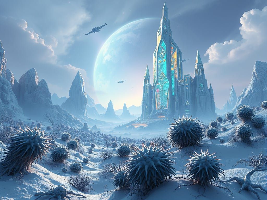 Cyberpunk Futuristic World Set Amidst a Rainbow Snowy Landsc...