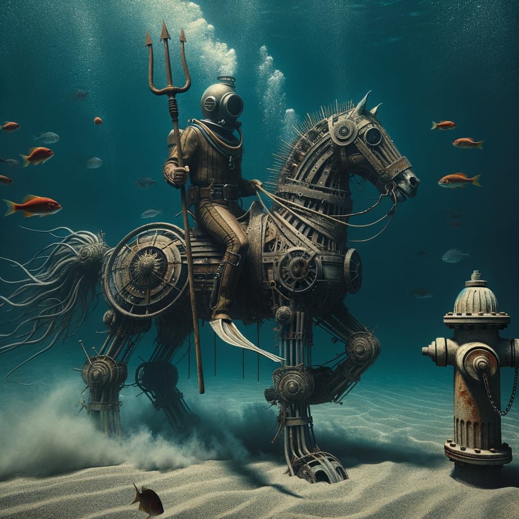 Steampunk Diver Rides Mechanized Horse Underwater