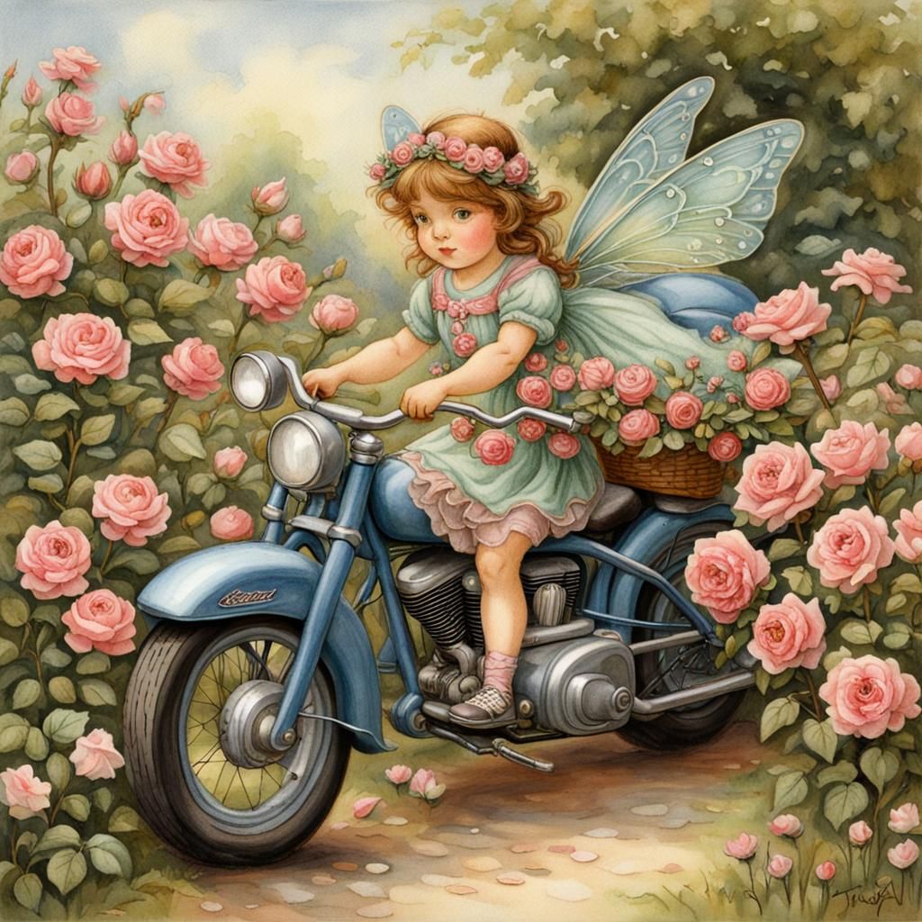 Fairy on Harley in Rose Garden: Barker Style