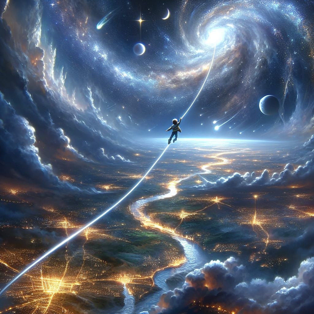 Milo Ascends Glowing Silver Thread to Starry Sky