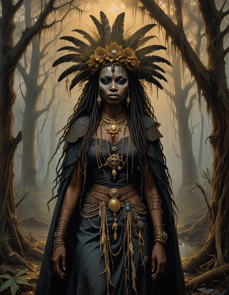 Voodoo Queen of the Bayou in Atmospheric Oil Painting Style