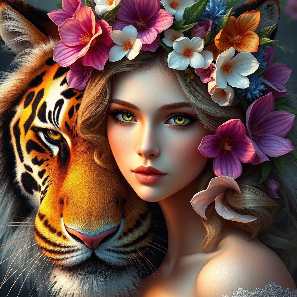 Fantasy Flower Girl with Tiger in Hyperdetailed Portrait