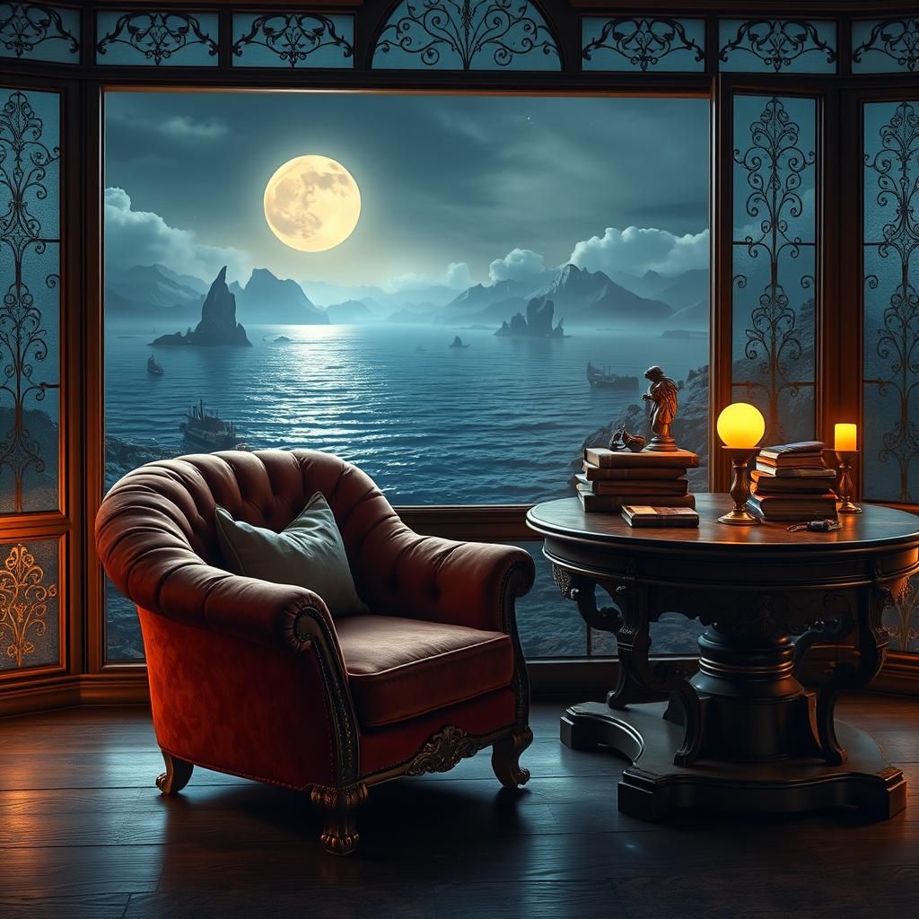 Armchair by Window Overlooking Moonlit Sea