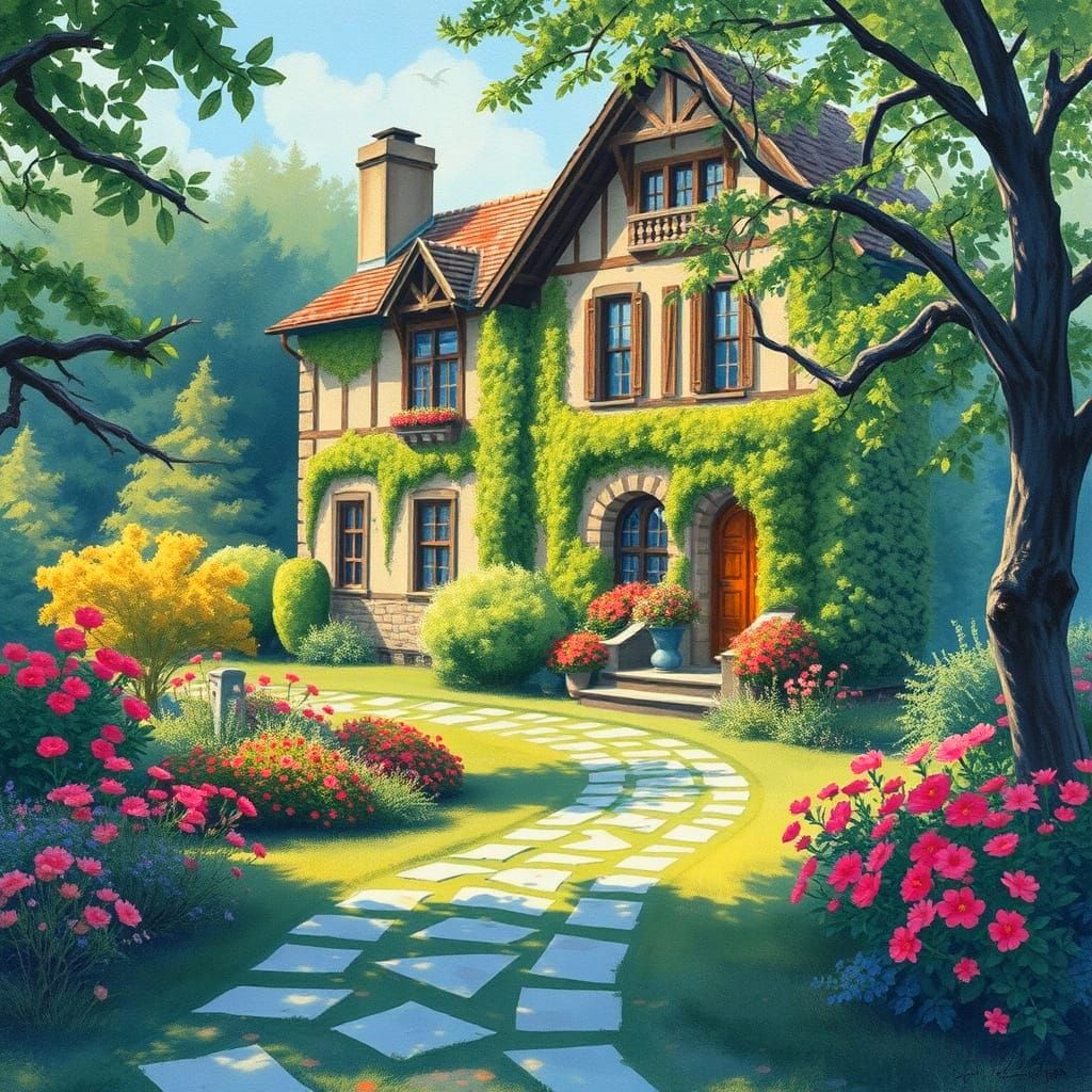 Cosmic Watercolor Mansion in Serene Ruins