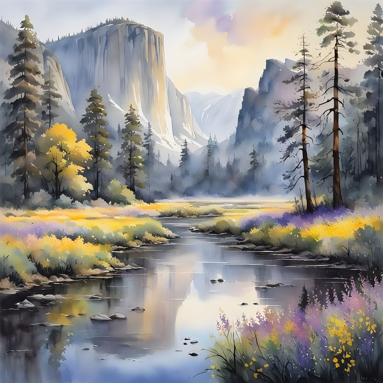 Yosemite Valley: Watercolor Painting with Wildflowers