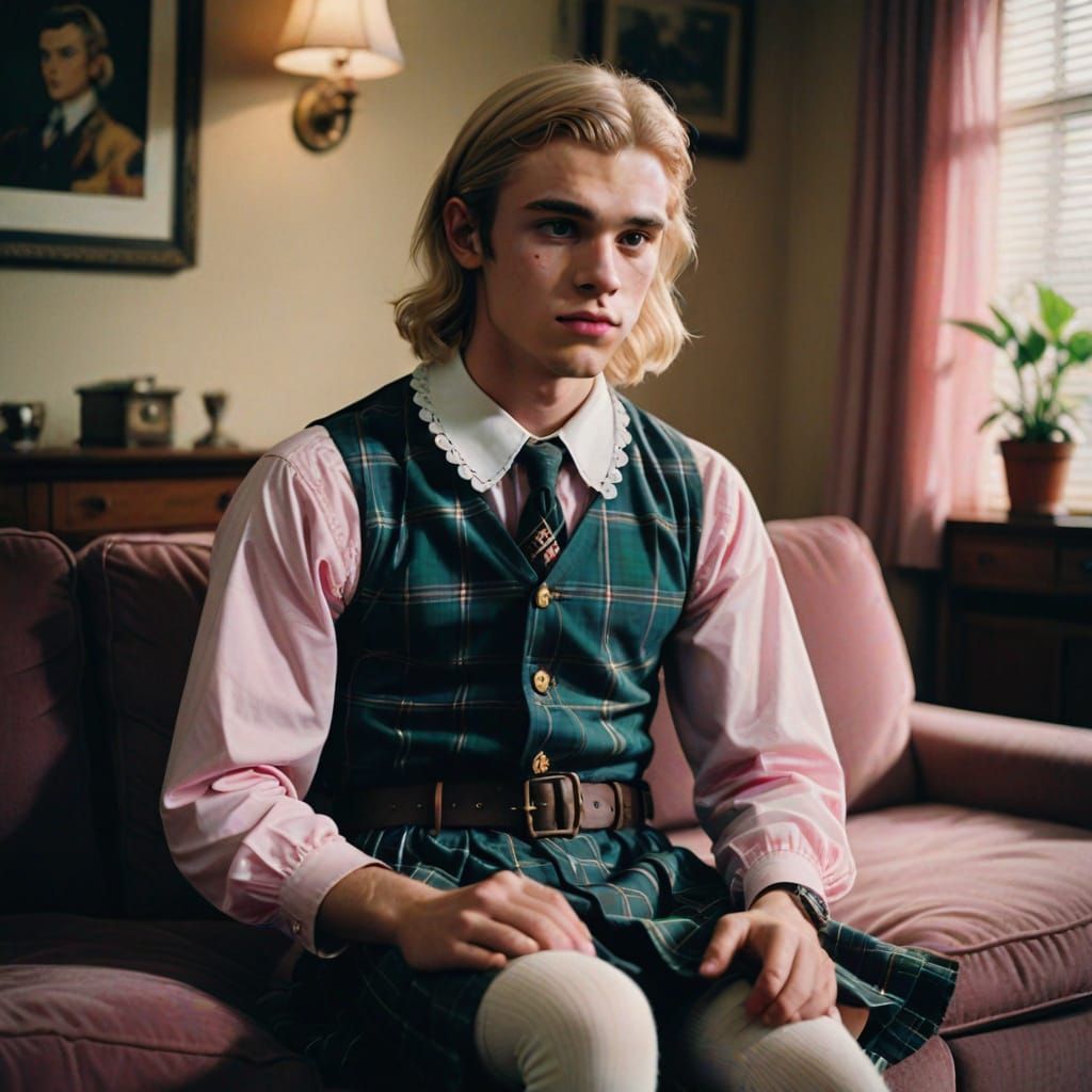 Blonde Man in Tartan Dress on Sofa, Cinematic Style