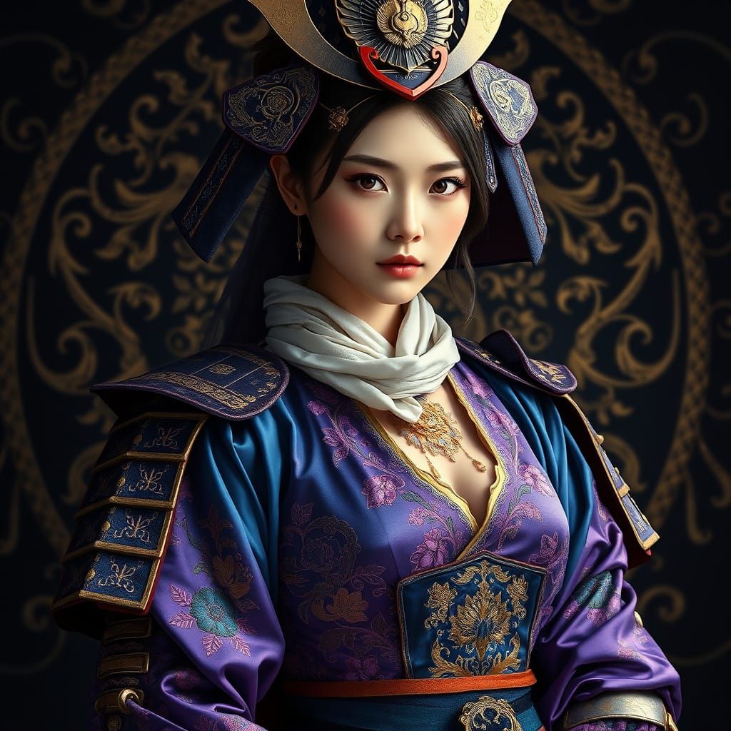 Elegant Princess in Samurai Armor with Velvet and Gold Accen...