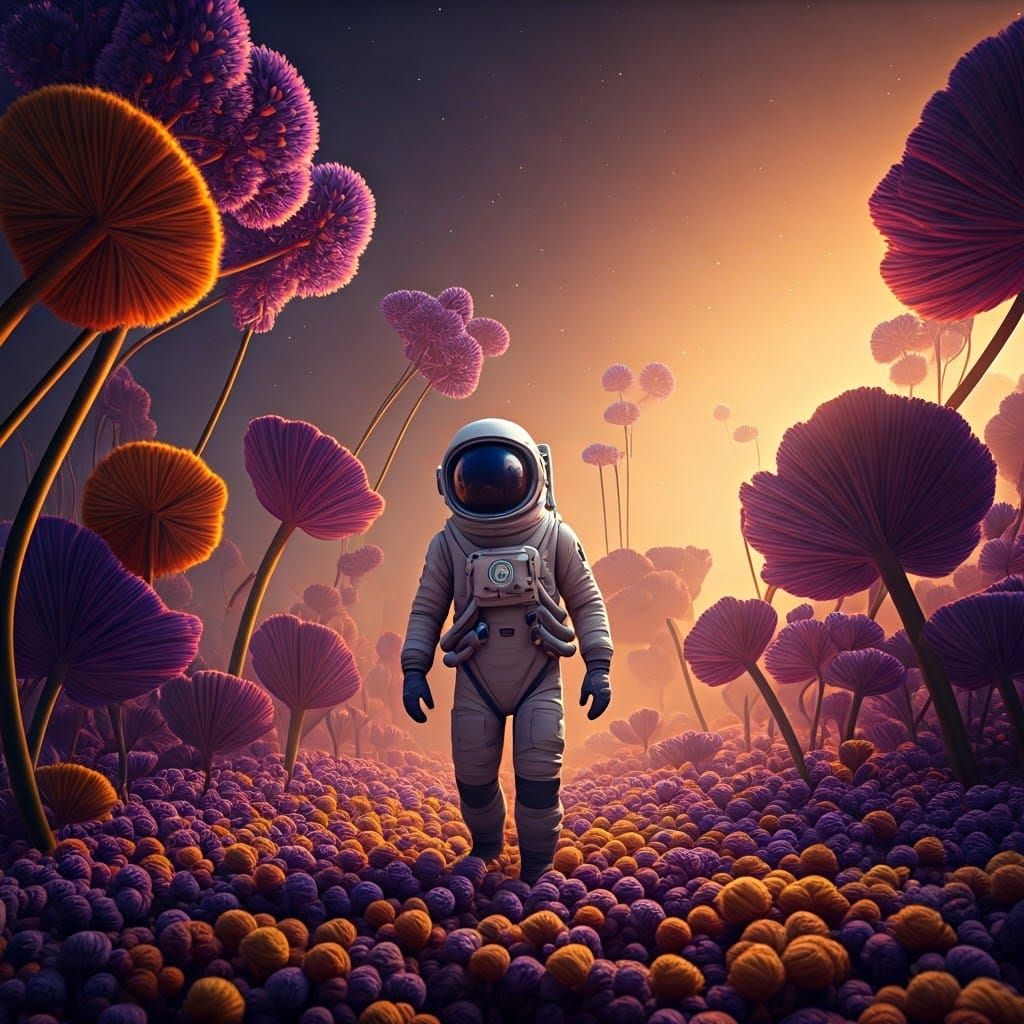Surreal Exoplanet Landscape with Woolen Astronaut in Hyperde...