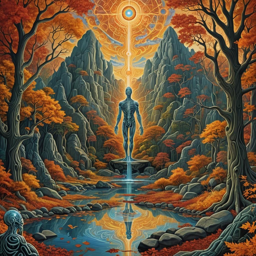 Ethereal Valley of Ancient Ones in Alex Grey Style