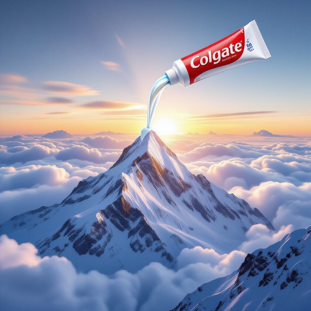 Toothpaste Waterfall on Majestic Mountain: Surreal Conceptua...