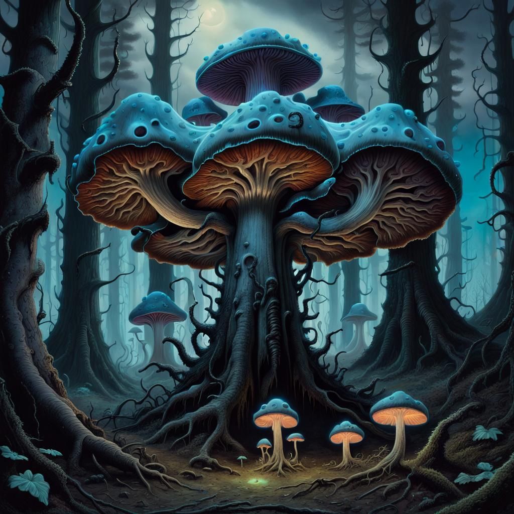 Bioluminescent Fungus in Haunted Forest, Surreal Dark Fantas...