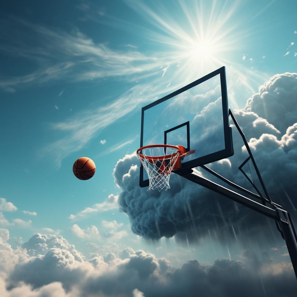 Flying Basketball Hoop in Mystical Sky