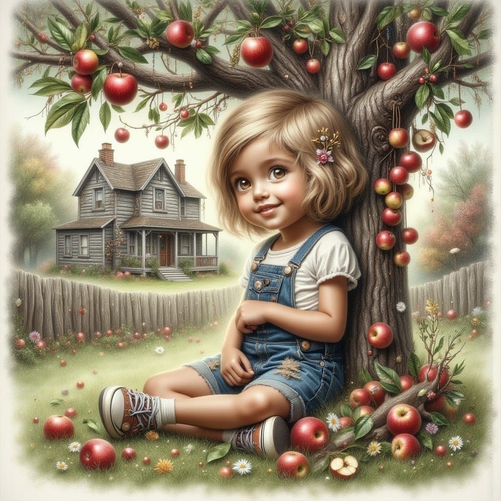 Vintage Girl Plays Under Grandma's Apple Tree