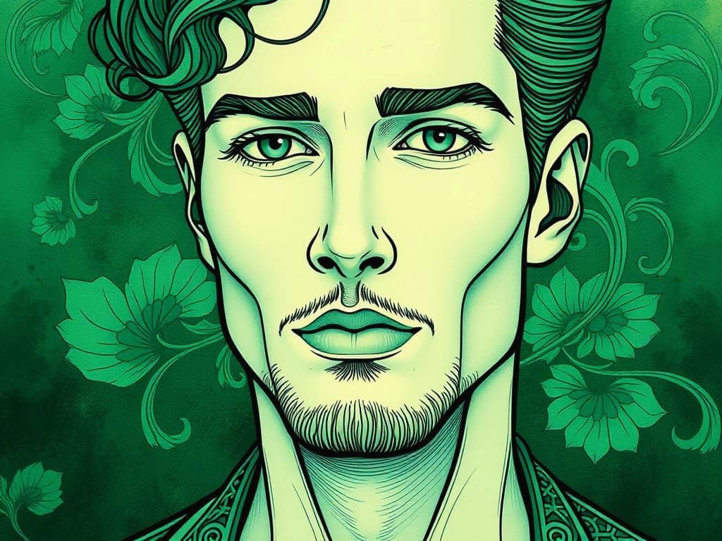 Art Nouveau Man Portrait in Shades of Green
