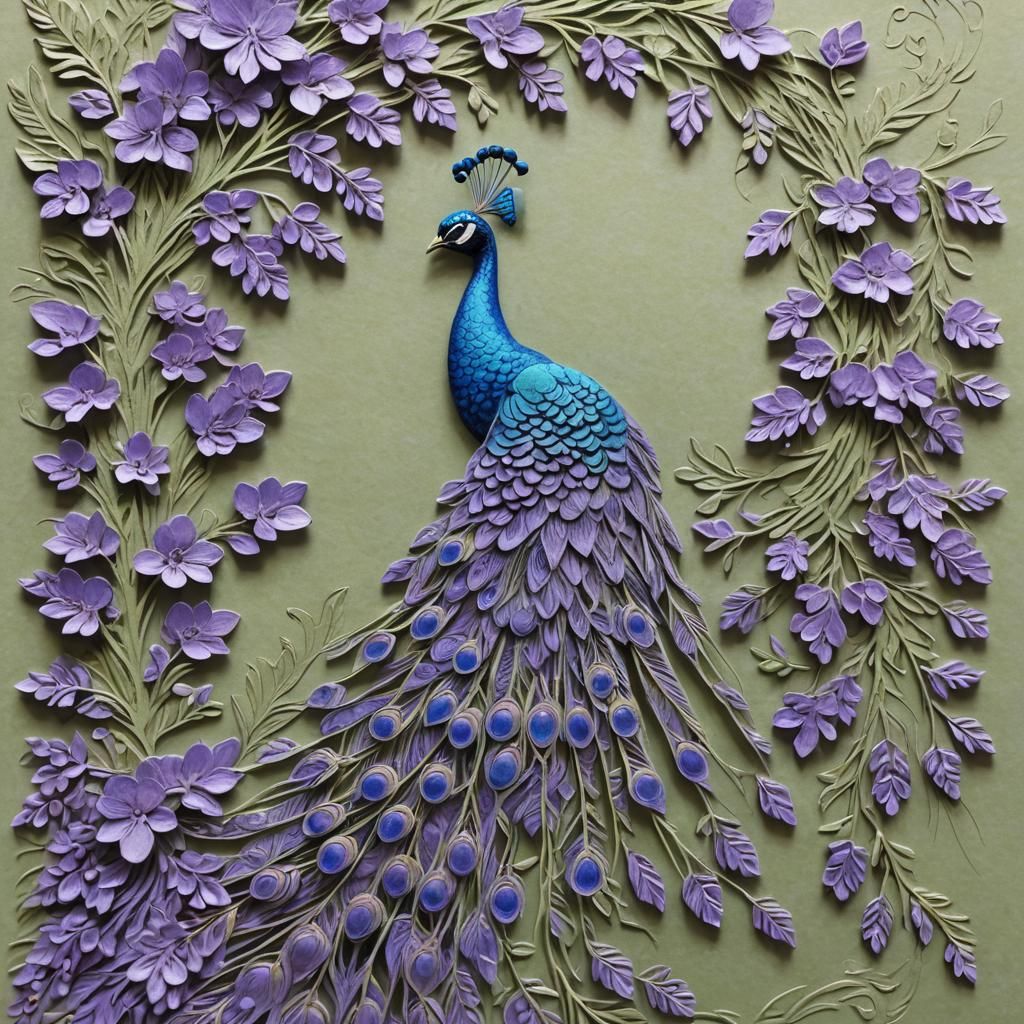 Embossed Peacock and Wisteria on Textured Paper