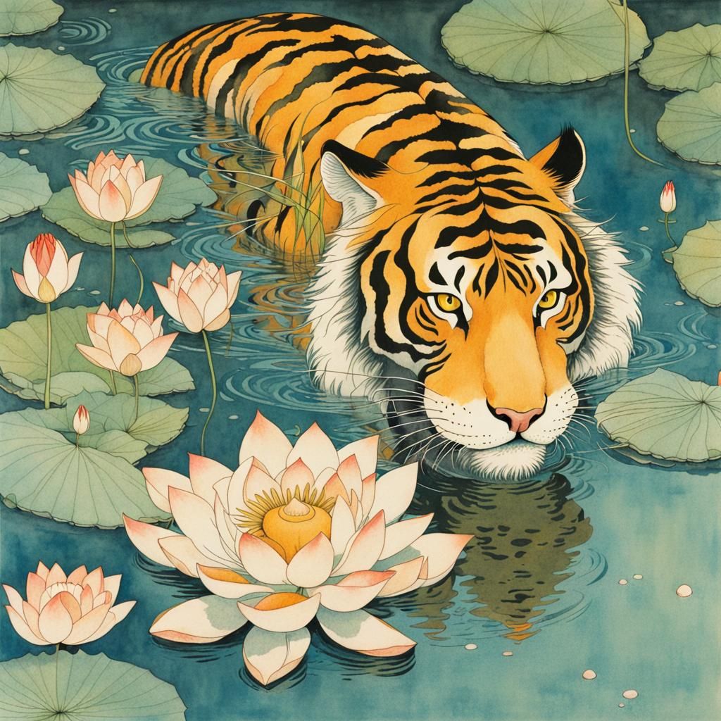 Tiger Emerges from Lotus Pond: Watercolour Illustration