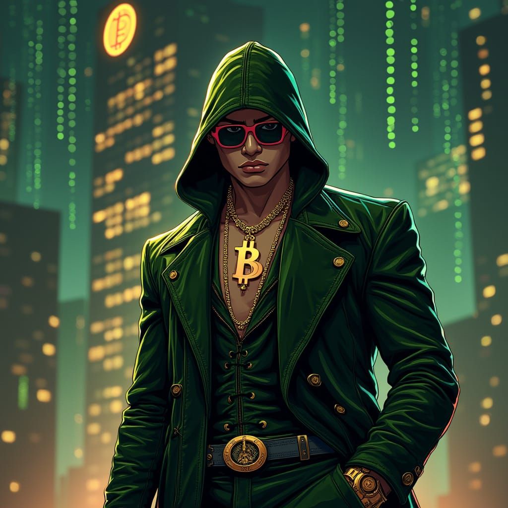 Futuristic Money Man in Matrix Code Scene