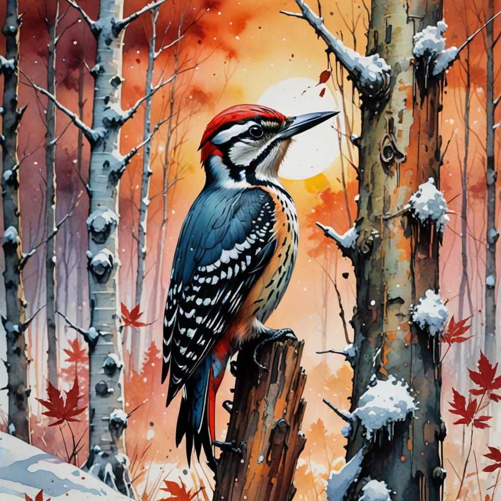 Surreal Woodpecker Landscape at Sunset in Vibrant Watercolor...